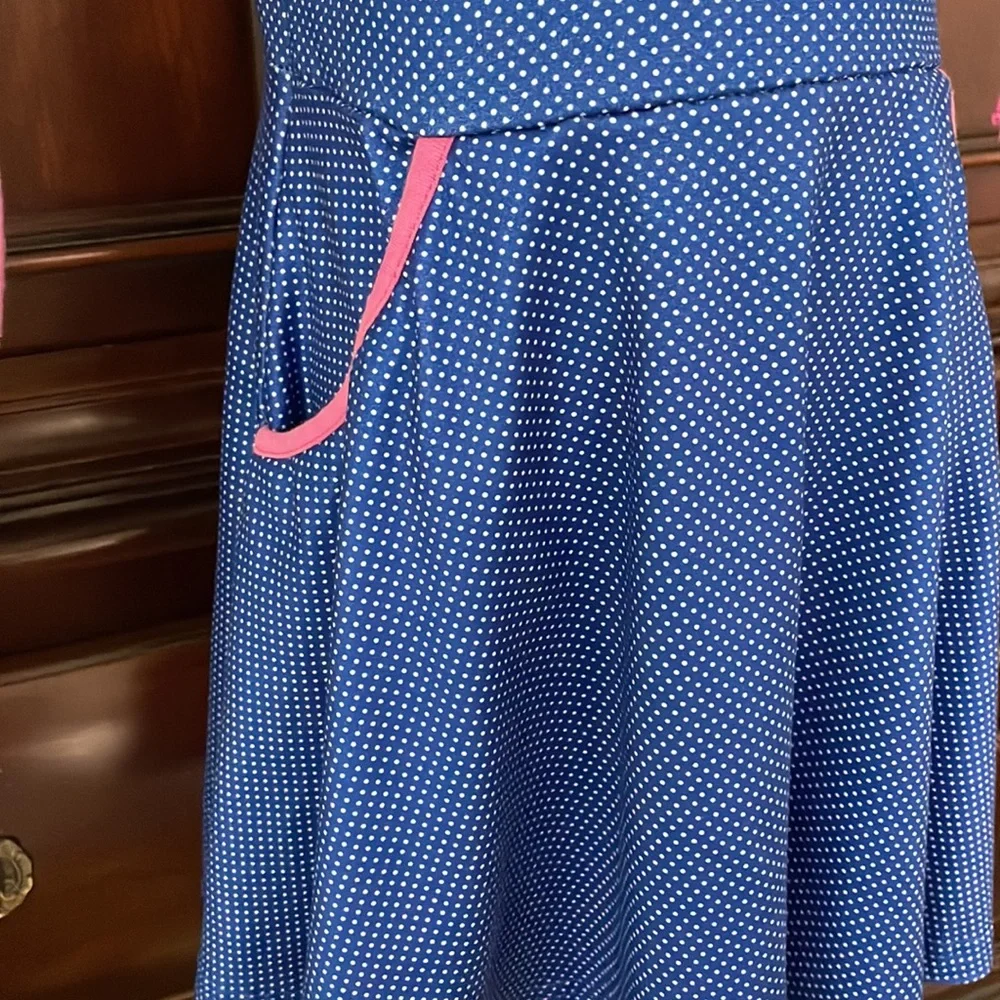 Dash of Glitter Girls Blue Polka Dot Dress 2T Pink Trim Casual Twirl Dress